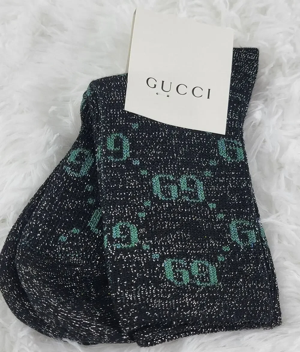 Gucci Crew Socks Unisex GG Logo Metallic 100% Authentic Black Green Luxury New